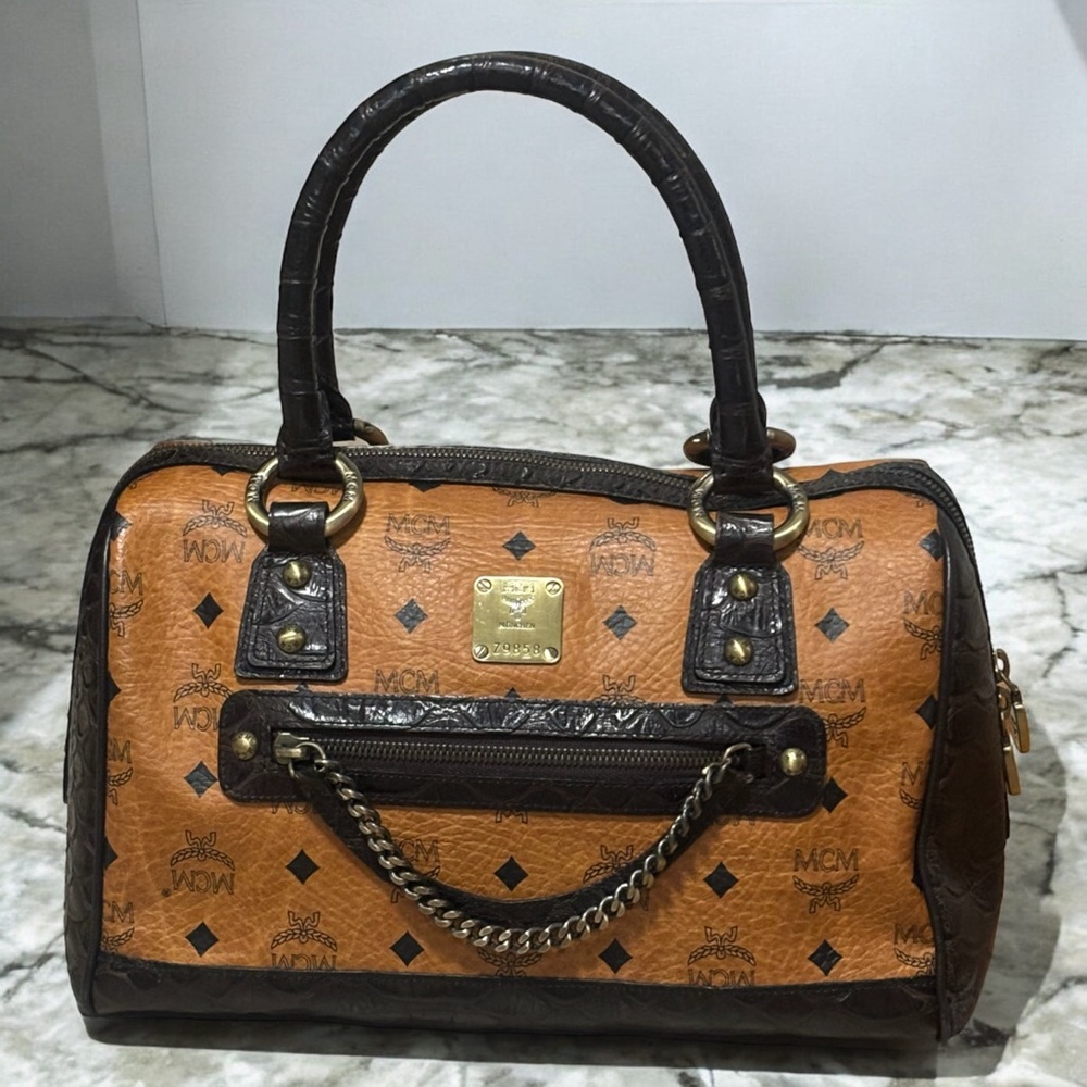 MCM Crocodile Embossed Speedy 30 Satchel Bag